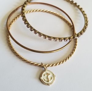 3 bangle bracelets pink rhinestone plain white anchor charm gold tone